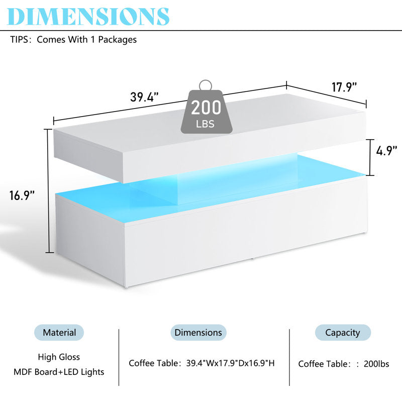 Rectangular White LED Coffee Table With High Gloss Top & Open Shelf