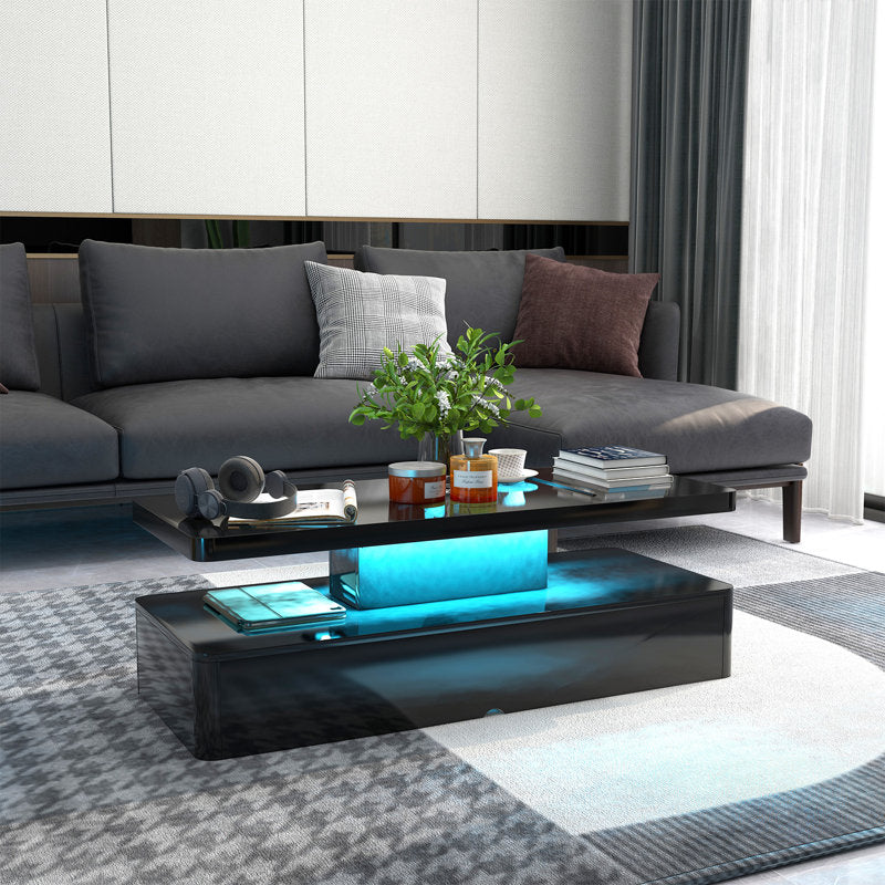 Modern Center Black LED Coffee Table With Display Shelf Storage