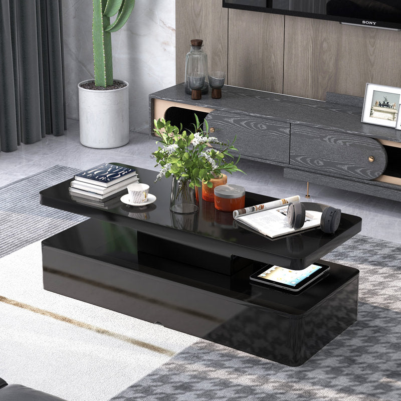 Modern Center Black LED Coffee Table With Display Shelf Storage