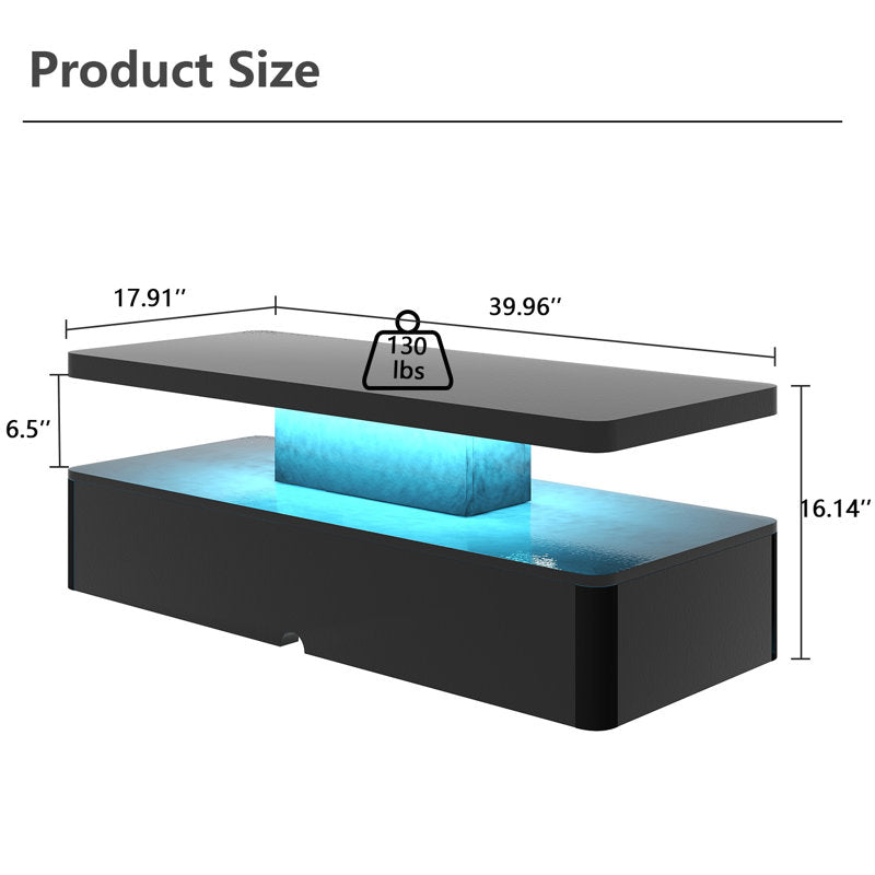 Modern Center Black LED Coffee Table With Display Shelf Storage