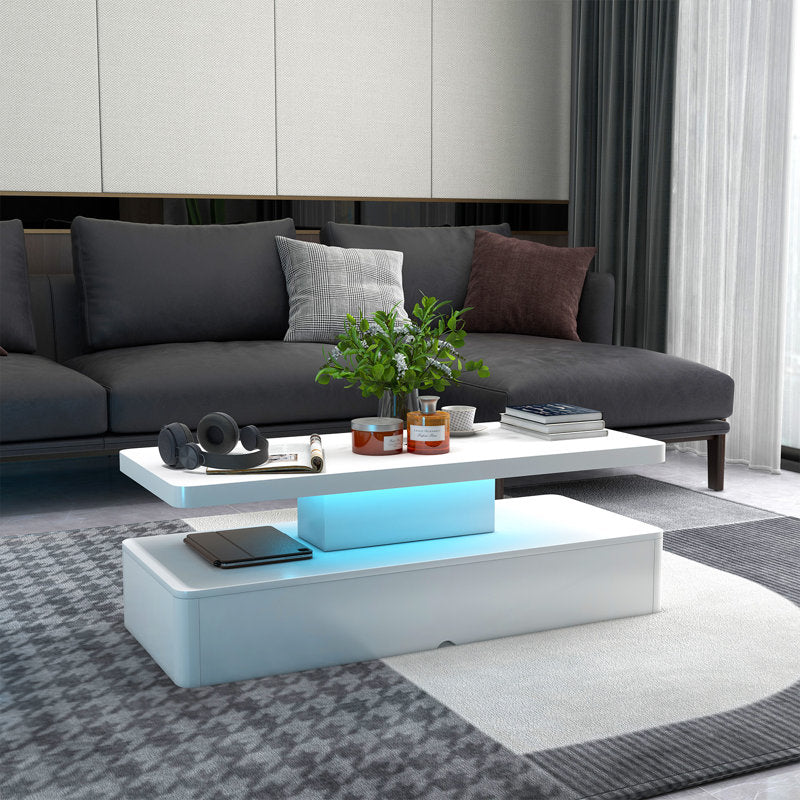 Modern Center White LED Coffee Table With Display Shelf Storage