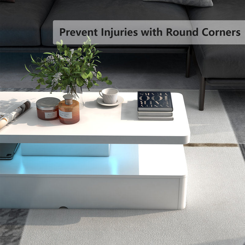 Modern Center White LED Coffee Table With Display Shelf Storage