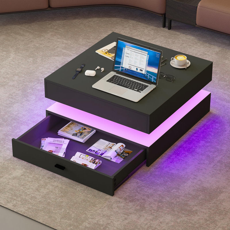 Modern Living Room Black LED Coffee Table With Drawer Storage