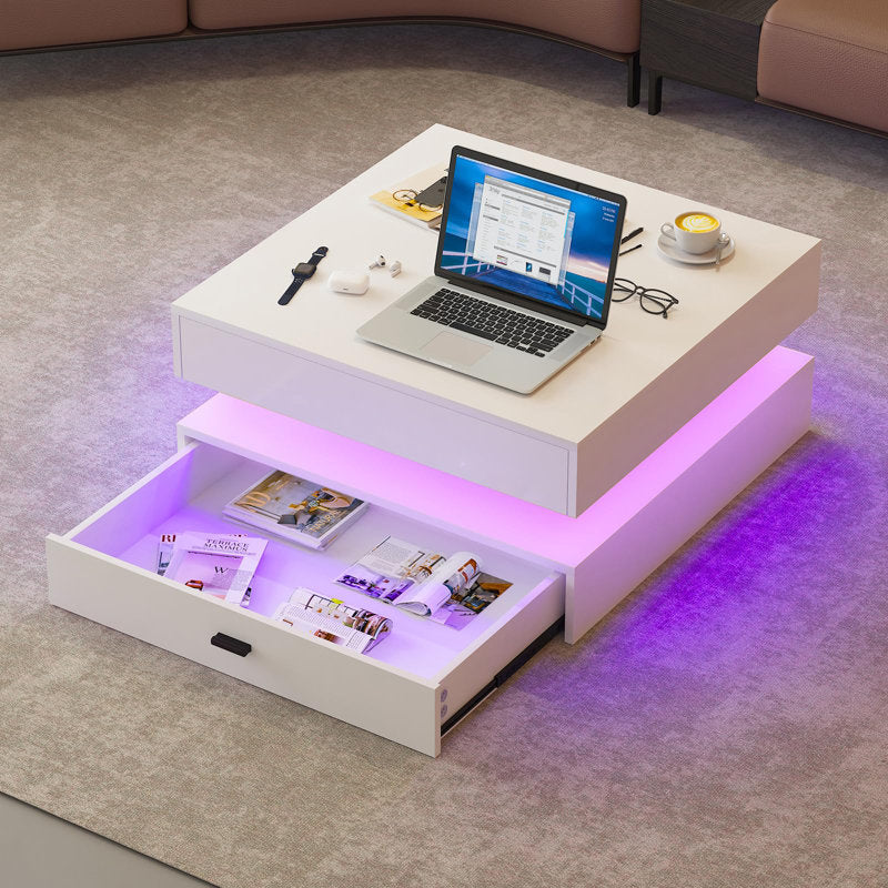 Modern Living Room White LED Coffee Table With Drawer Storage