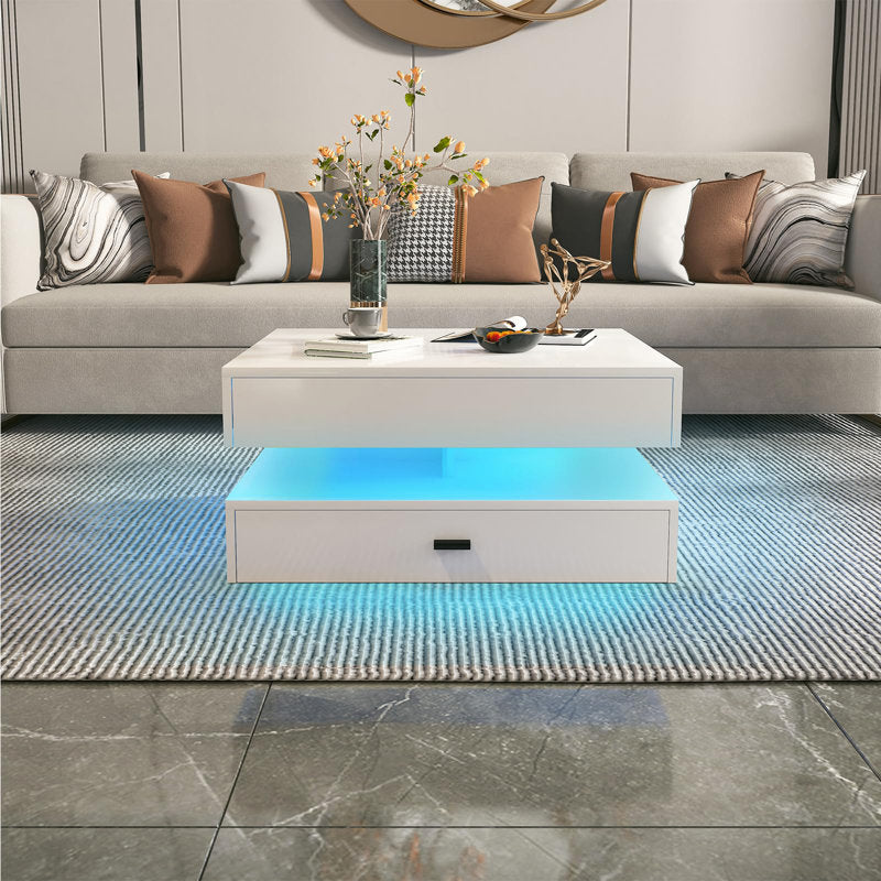 Modern Living Room White LED Coffee Table With Drawer Storage
