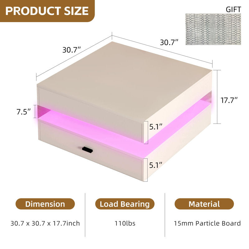 Modern Living Room White LED Coffee Table With Drawer Storage