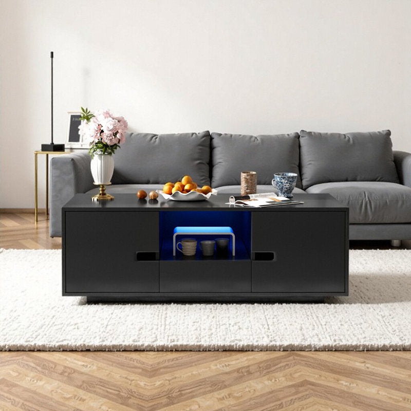 Modern Living Room Black LED Coffee Table With Cabinet Storage
