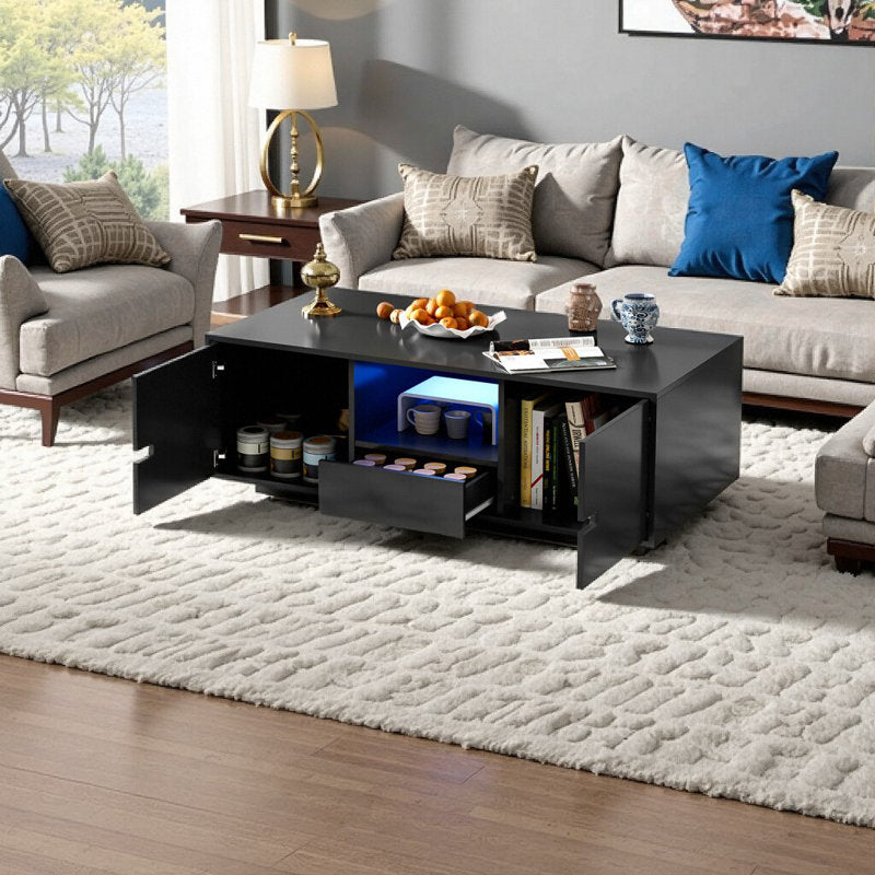 Modern Living Room Black LED Coffee Table With Cabinet Storage