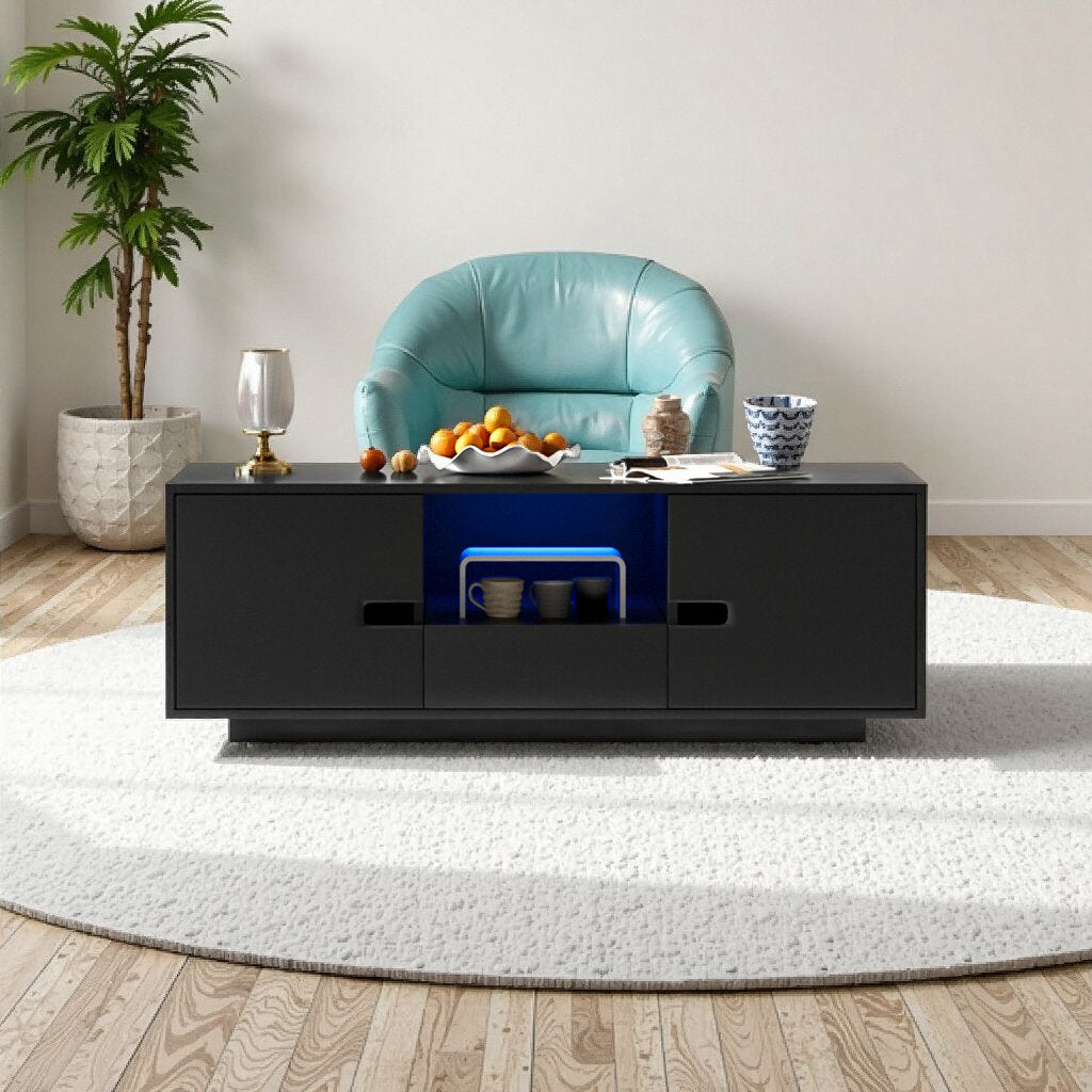 Modern Living Room Black LED Coffee Table With Cabinet Storage