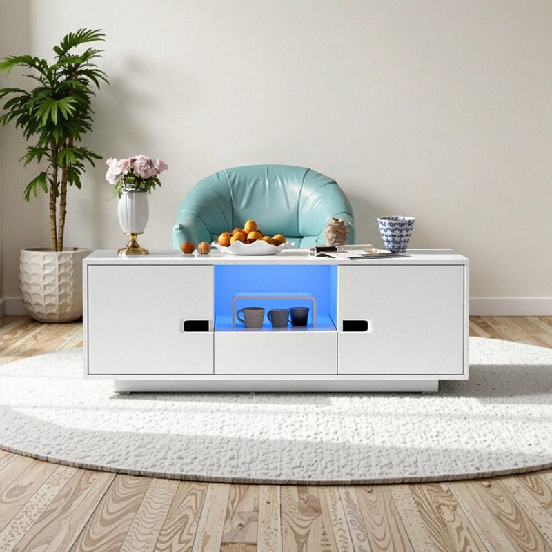 Modern Living Room White LED Coffee Table With Cabinet Storage
