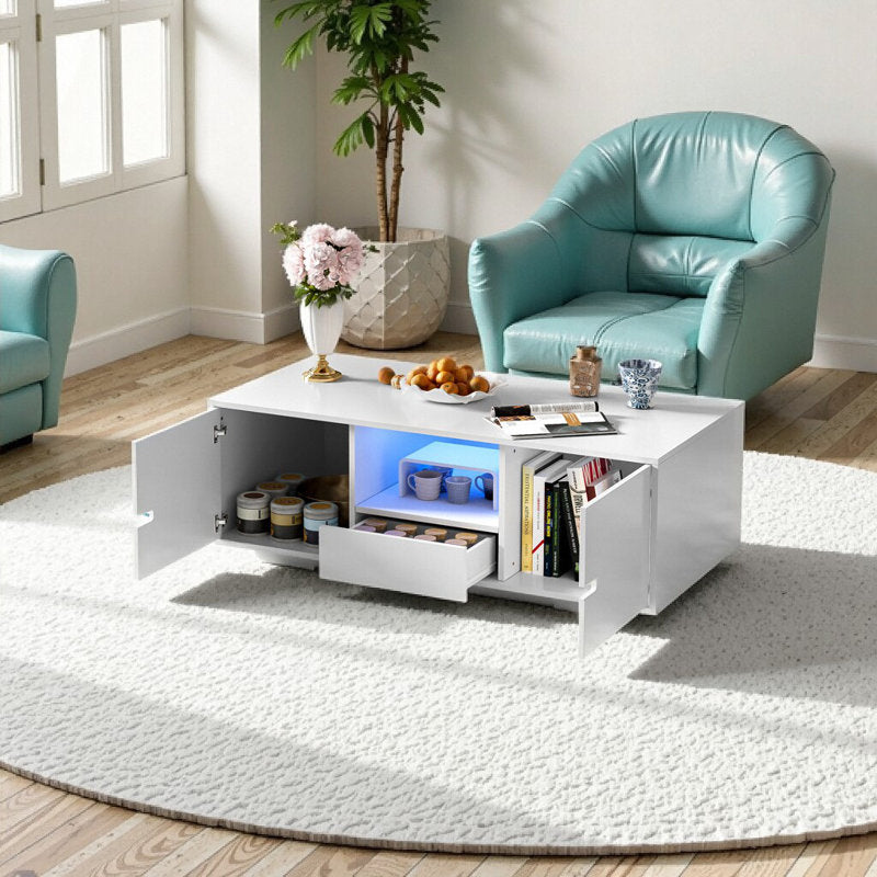 Modern Living Room White LED Coffee Table With Cabinet Storage