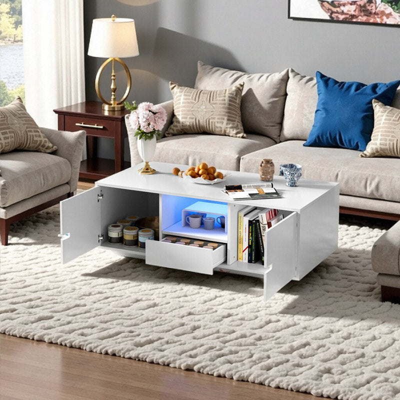 Modern Living Room White LED Coffee Table With Cabinet Storage