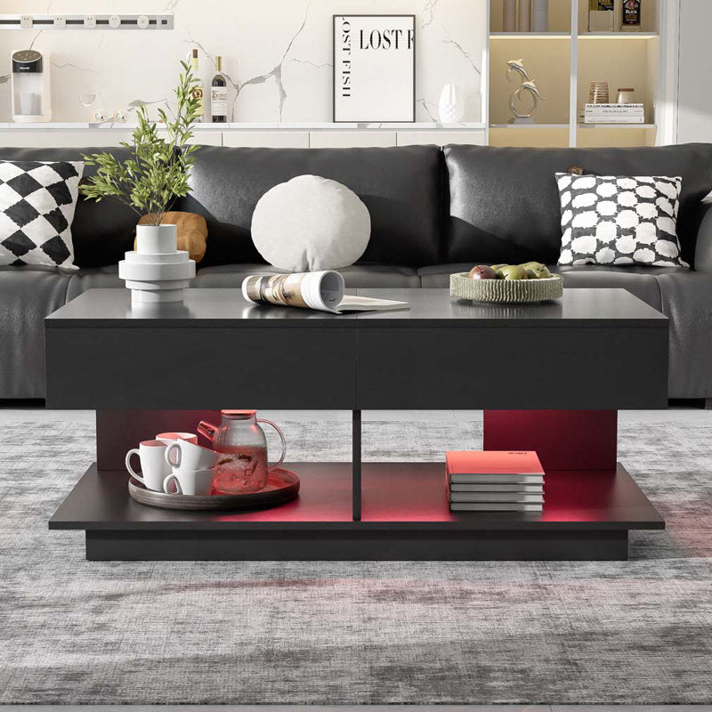 Minimalist Black LED Coffee Table With Rectangular Design & Shelf