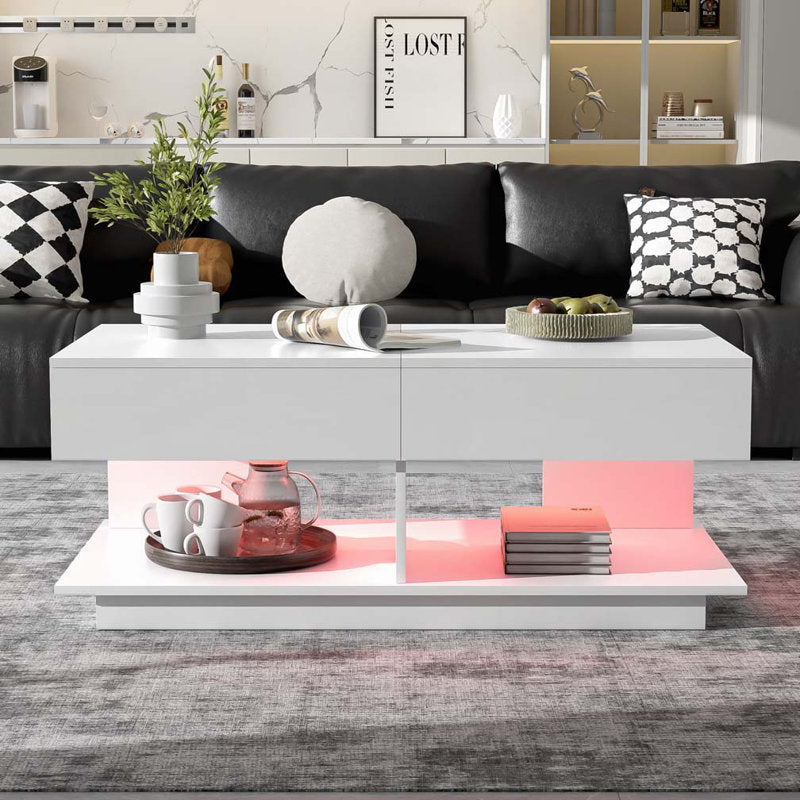 Minimalist White LED Coffee Table With Rectangular Design & Shelf