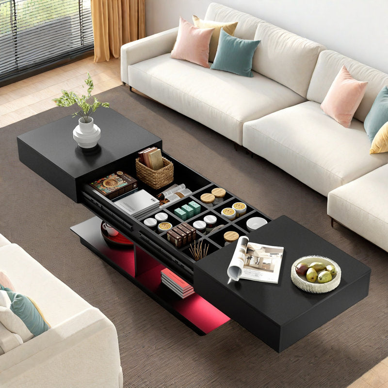 Contemporary Black LED Coffee Table With Display Shelf & Modern Style