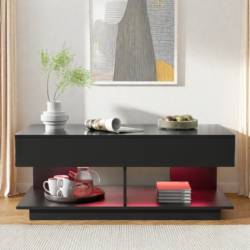Contemporary Black LED Coffee Table With Display Shelf & Modern Style