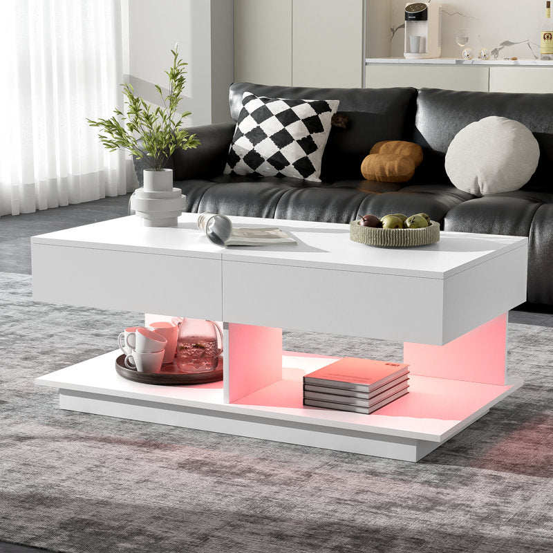 Contemporary White LED Coffee Table With Display Shelf & Modern Style