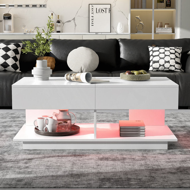 Contemporary White LED Coffee Table With Display Shelf & Modern Style