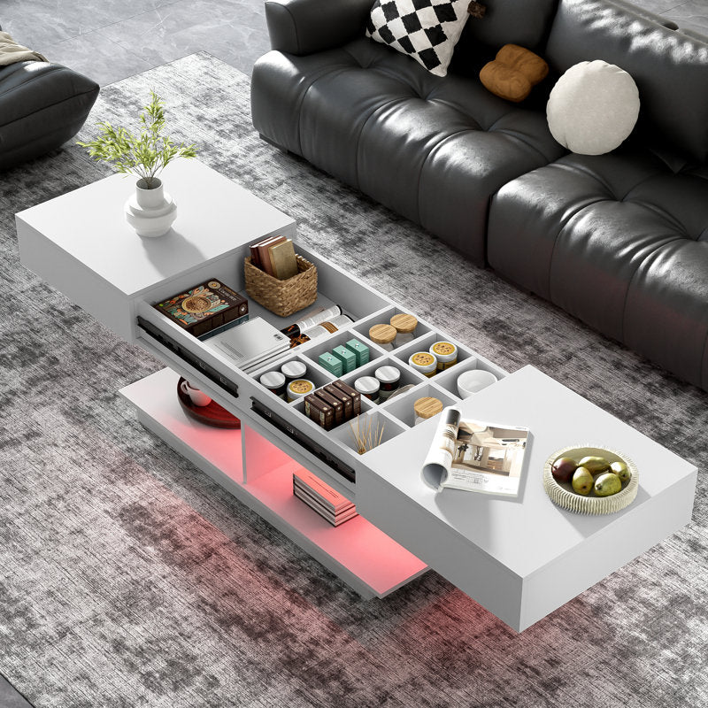 Contemporary White LED Coffee Table With Display Shelf & Modern Style