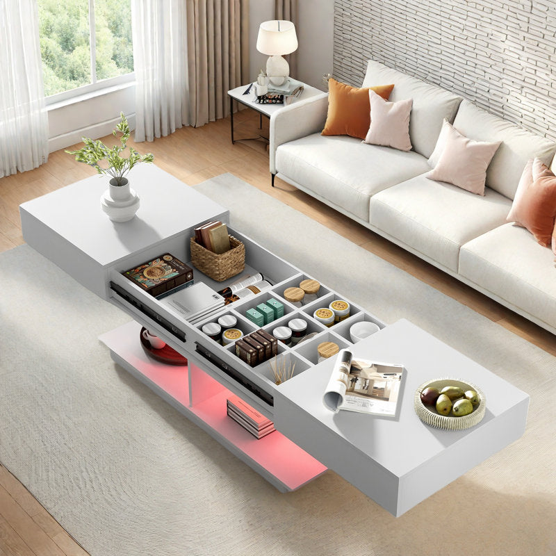 Contemporary White LED Coffee Table With Display Shelf & Modern Style