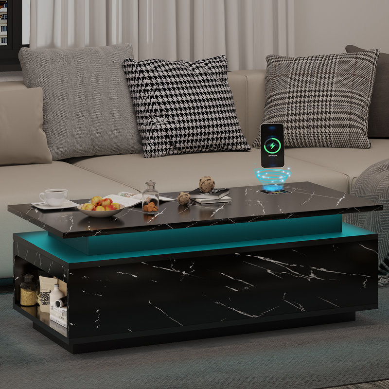 Modern Marble Style Black LED Coffee Table With Wireless Charging