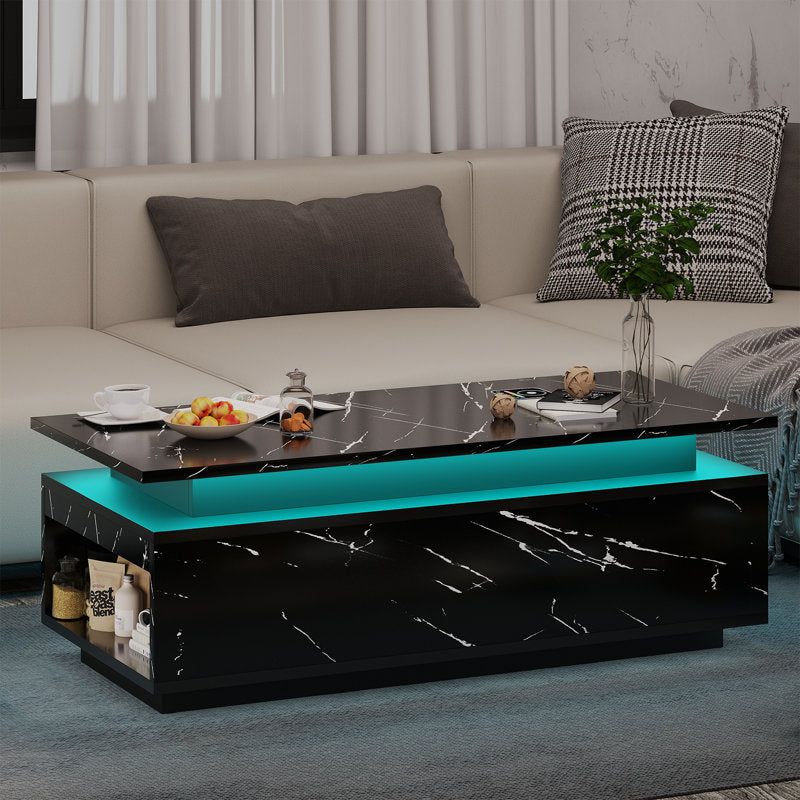 Modern Marble Style Black LED Coffee Table With Wireless Charging