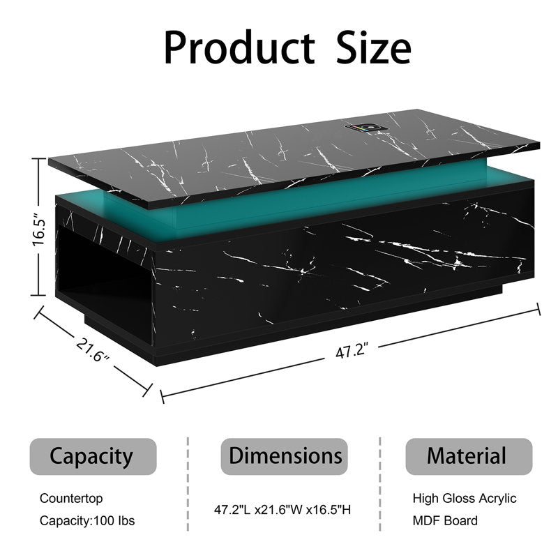 Modern Marble Style Black LED Coffee Table With Wireless Charging