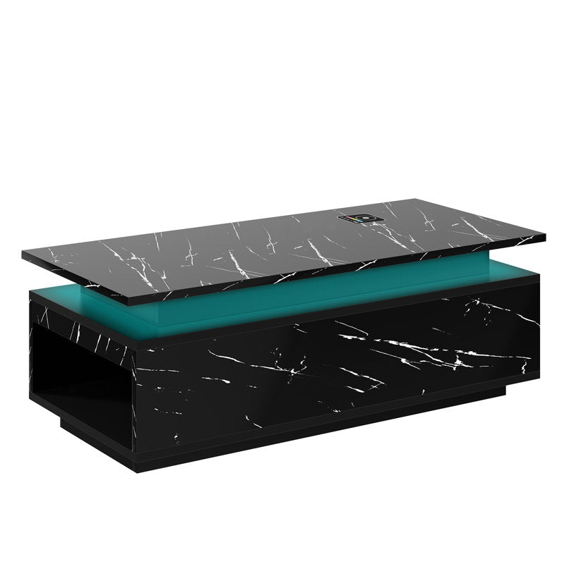 Modern Marble Style Black LED Coffee Table With Wireless Charging