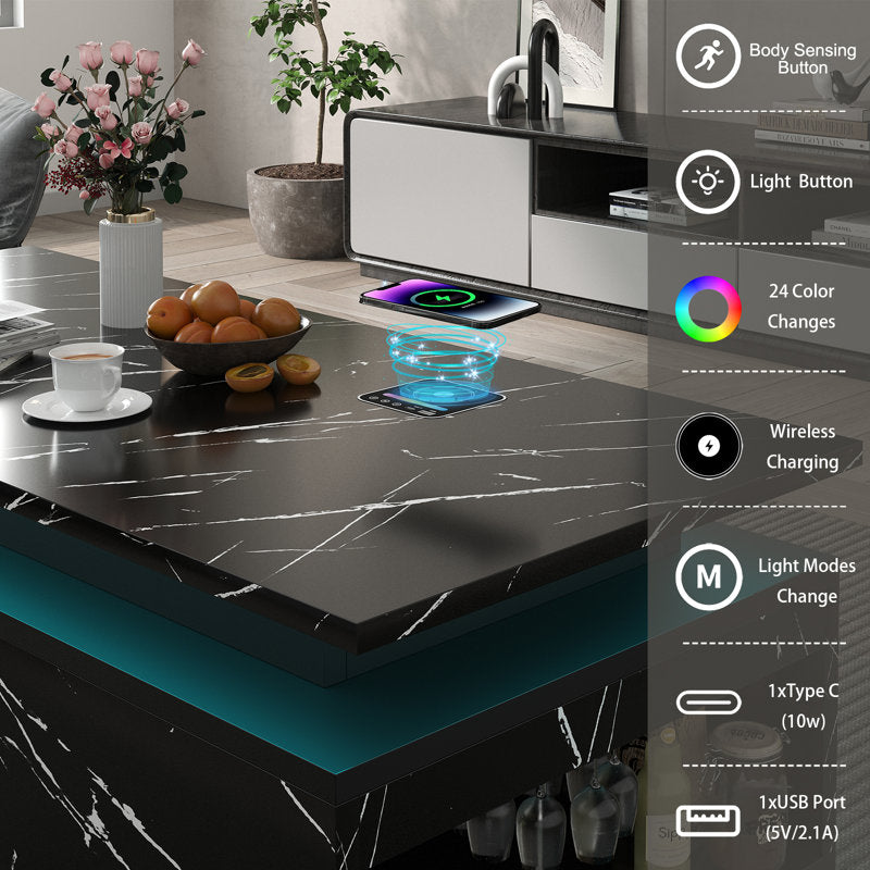 Modern Marble Style Black LED Coffee Table With Wireless Charging