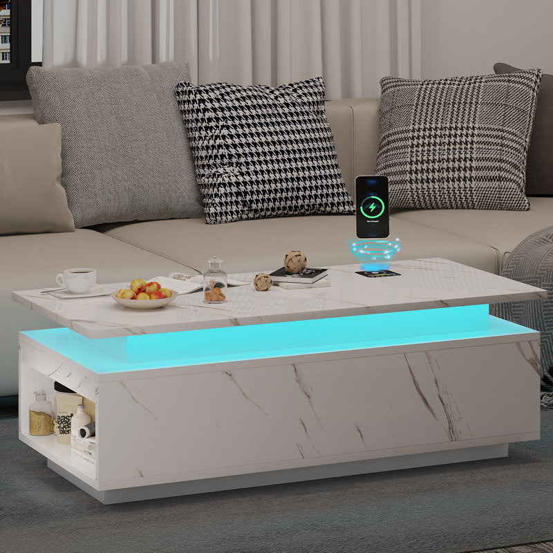 Modern Marble Style White LED Coffee Table With Wireless Charging