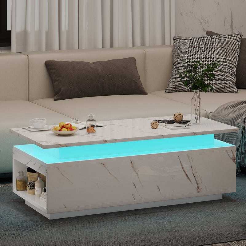 Modern White LED Coffee Table With Wireless Charging & Storage Shelf