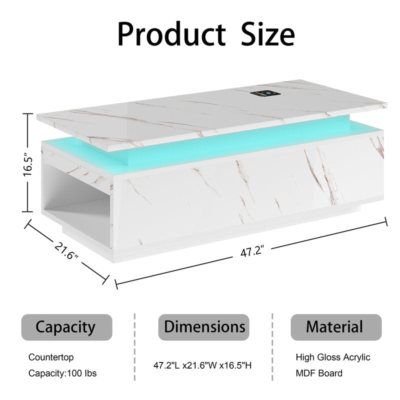 Modern White LED Coffee Table With Wireless Charging & Storage Shelf