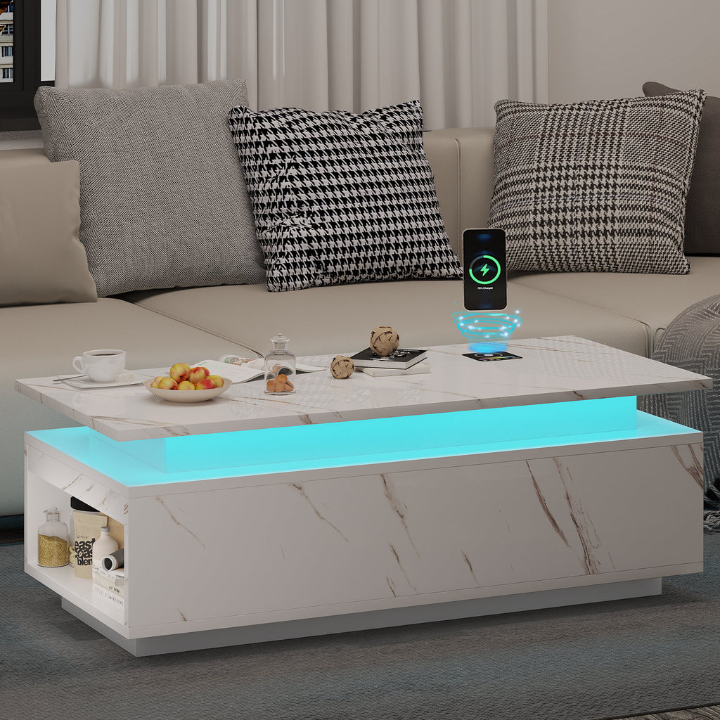 Modern White LED Coffee Table With Wireless Charging & Storage Shelf