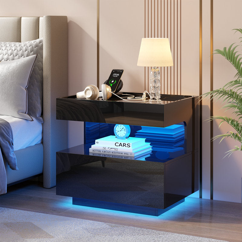 Modern Black LED Coffee Table With Wireless Charging & Storage Shelf