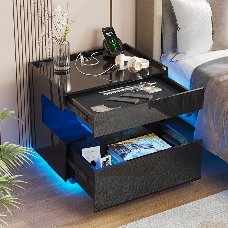 Modern Black LED Coffee Table With Wireless Charging & Storage Shelf