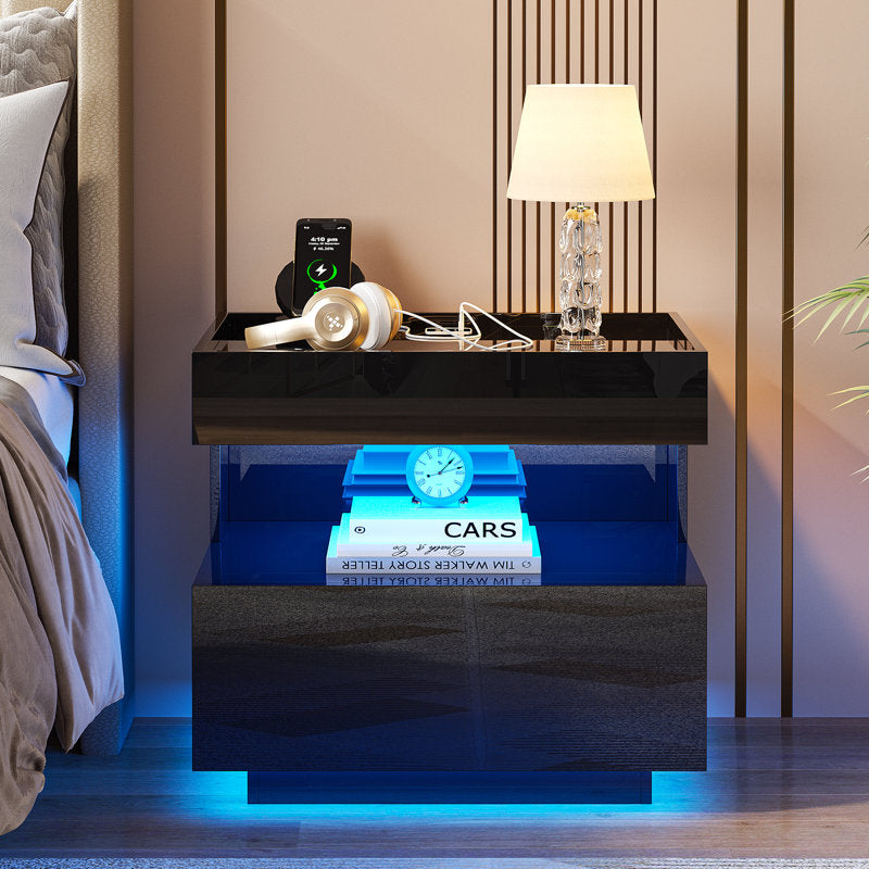 Modern Black LED Coffee Table With Wireless Charging & Storage Shelf