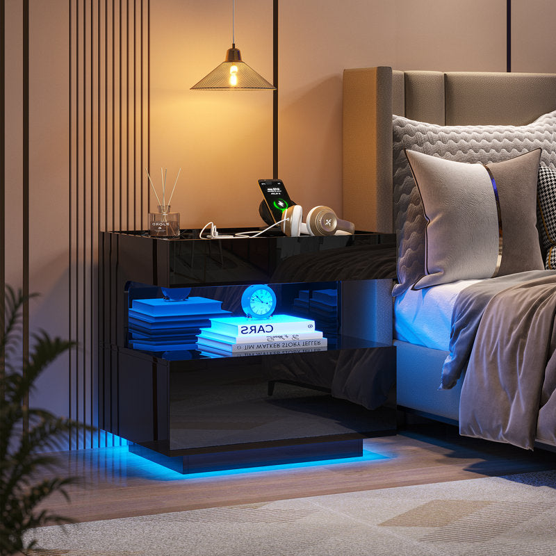 Modern Black LED Coffee Table With Wireless Charging & Storage Shelf