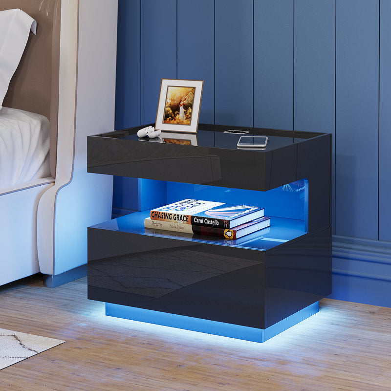 Modern Black LED Coffee Table With Wireless Charging & Storage Shelf