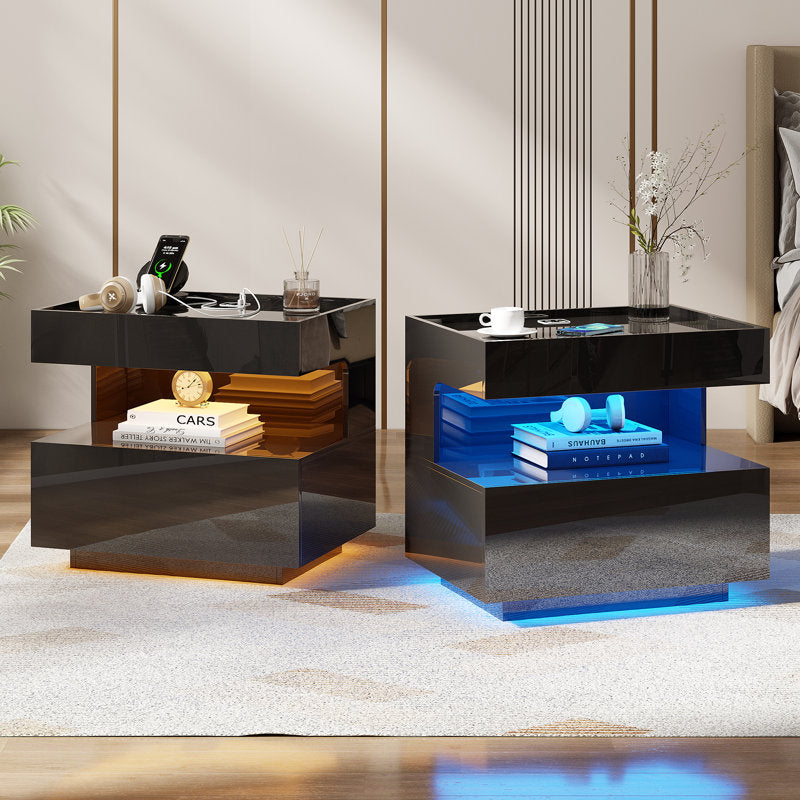 Modern Black LED Coffee Table With Wireless Charging & Storage Shelf