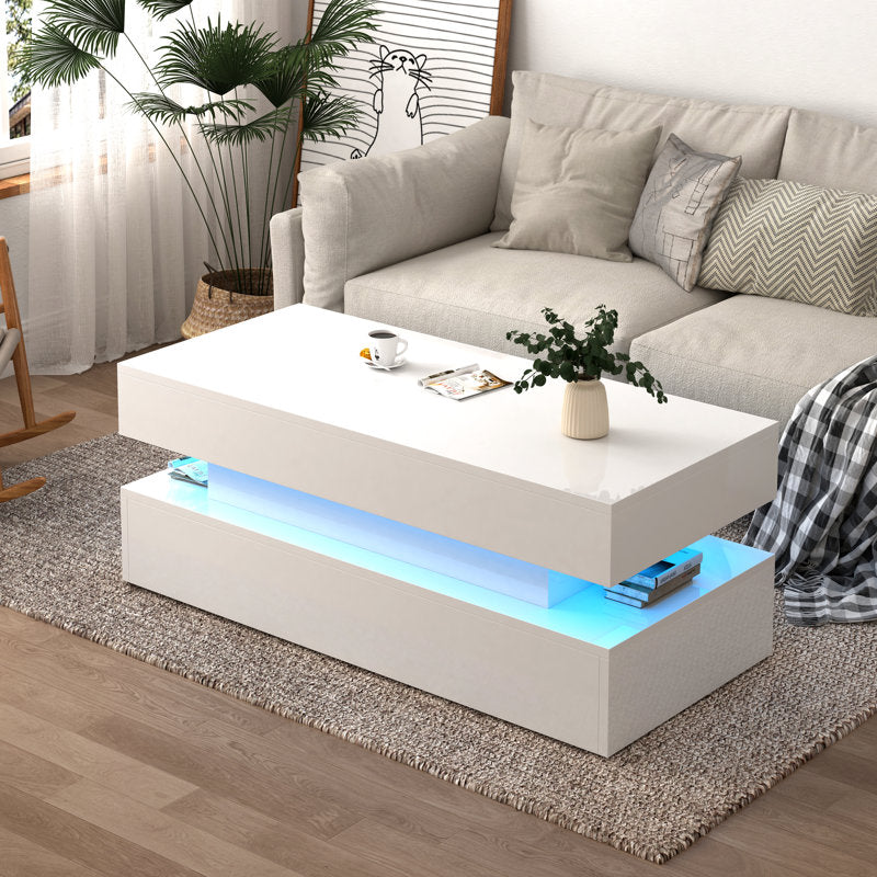 Modern White LED Coffee Table With Storage Shelf