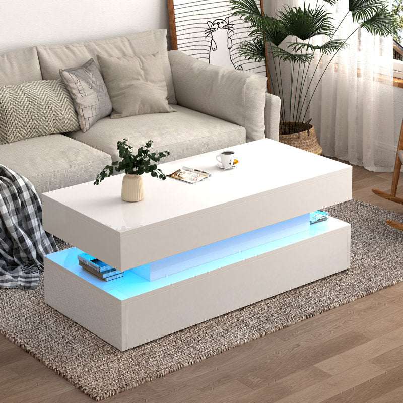 Modern White LED Coffee Table With Storage Shelf