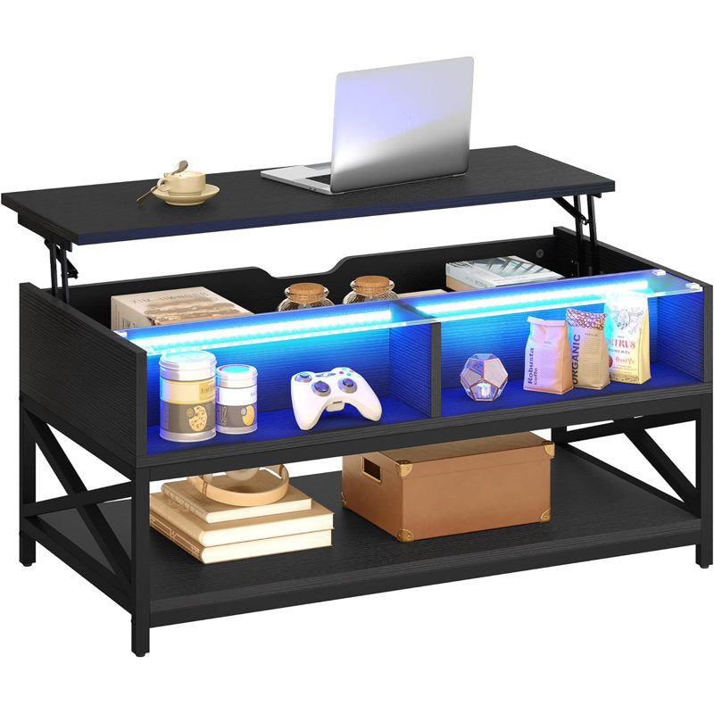 Modern LED Coffee Table With Lift Top & Storage Shelf