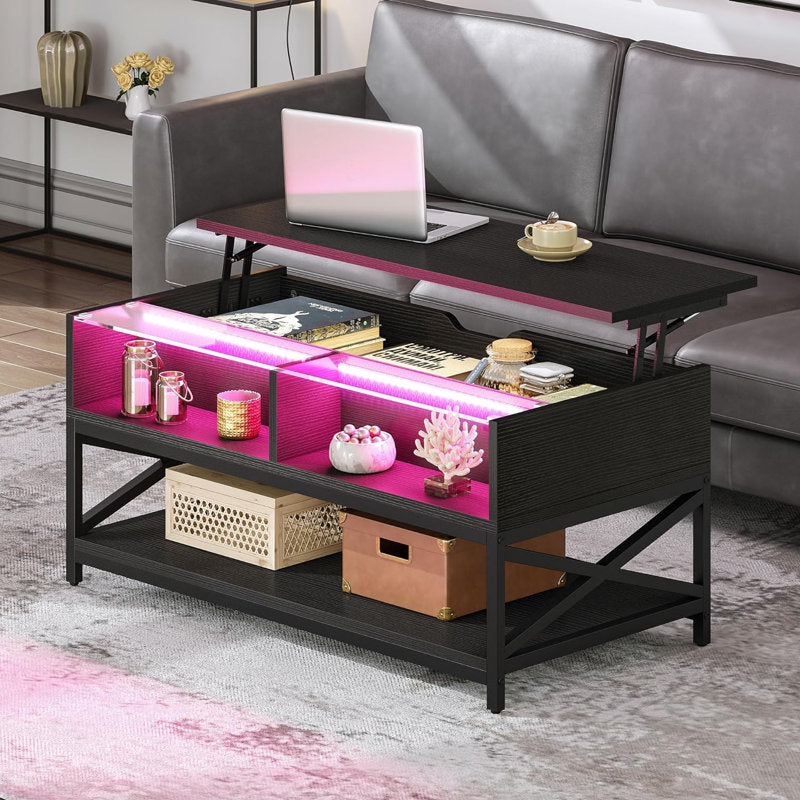 Modern LED Coffee Table With Lift Top & Storage Shelf