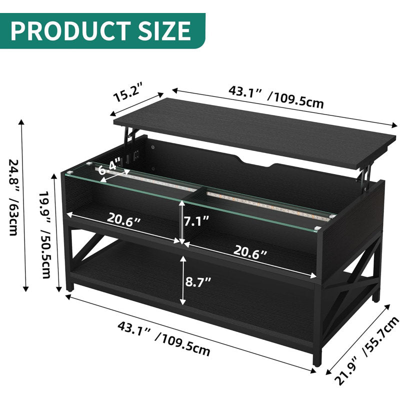 Modern LED Coffee Table With Lift Top & Storage Shelf
