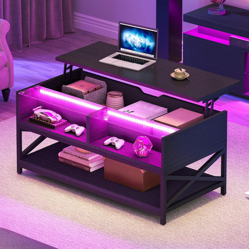 Modern LED Coffee Table With Lift Top & Storage Shelf