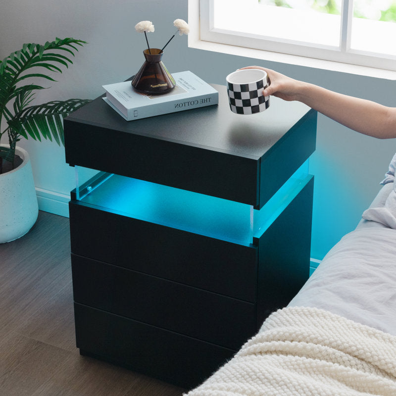Modern Black LED Coffee Table With Storage Drawers & Shelf