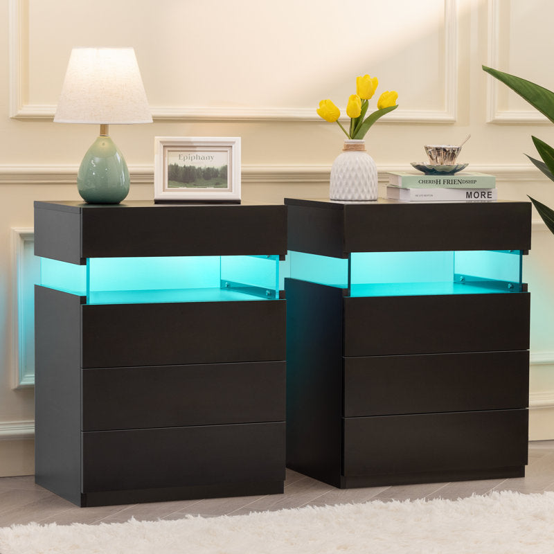Modern Black LED Coffee Table With Storage Drawers & Shelf