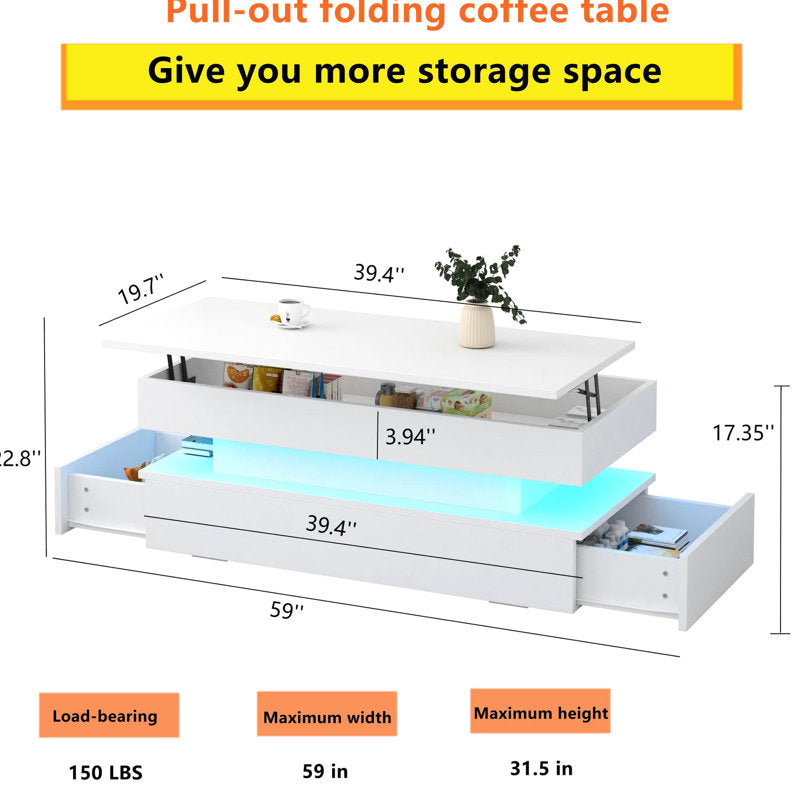 Contemporary LED Coffee Table With Lift Top & Storage Drawer