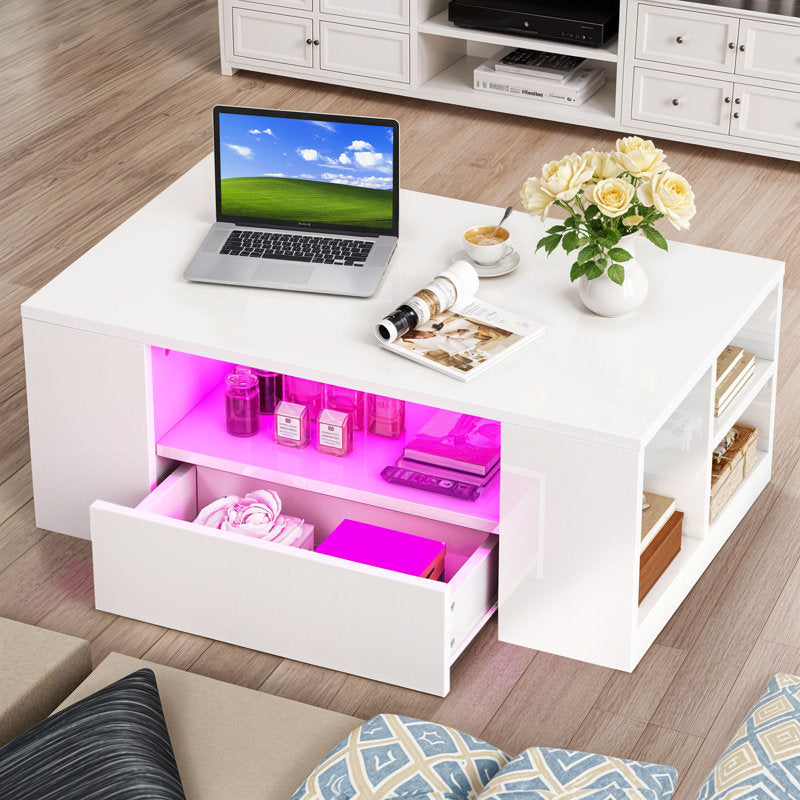 Modern LED Coffee Table With Drawer & Display Shelves