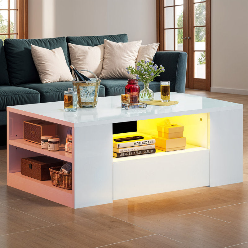 Modern LED Coffee Table With Drawer & Display Shelves